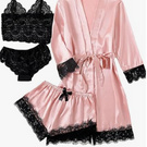 LYANER Conjunto de pijama de 4 piezas para mujer con ribete de encaje floral satinado con bata